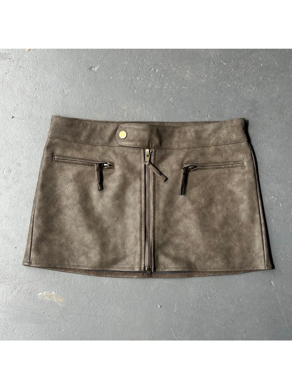 Edikted Faux Leather Mini Skirt Brown Y2K Moto Zip Front Micro Skirt